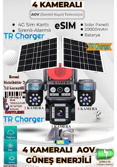 4 Kameralı E-sım Güneş Enerjili Güvenlik Kamerası Çift Güneş Pa