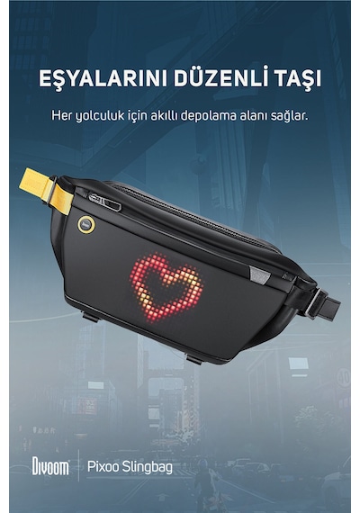 Divoom Pixoo Slingbag Siyah LED Ekranlı APP Kontrollü Su Geçirmez Bel Çantası- Çapraz Çanta Siyah