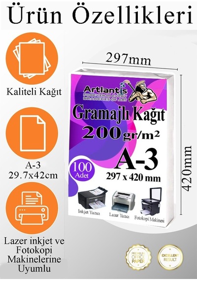 A3 Gramajlı Fotokopi Kağıdı 50 Adet 200 Gr Sertifika Kağıdı Kalın Kağıt Baskı Tüm Yazıcılara Uyumlu 29.7x42cm Ofis Büro