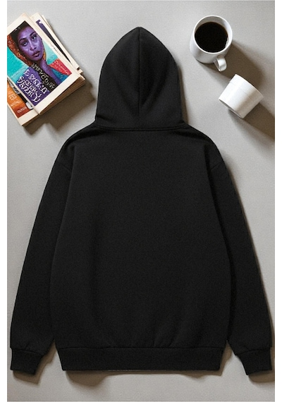 Uyguntarz Unisex Uyuyan Kedi Baskılı Kapüşonlu Sweatshirt siyah