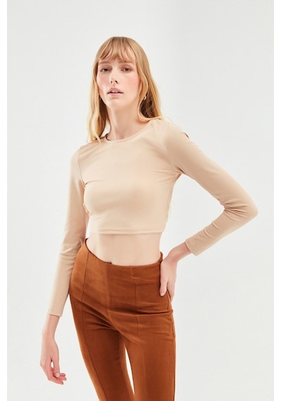 Quzu Cut Out Zincirli Crop Bluz Bej