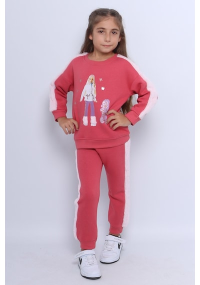 Kız Çocuk 3 İplik Eşofman Takımı Barbie Baskılı C22 Pembe