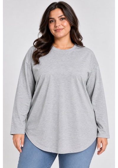 Superlife Süperlife Kadın Büyük Beden Bisiklet Yaka Süprem İnce Uzun Kollu Oval Etek Uçlu Tunik Tişört Spr26btk992 Grey Melange