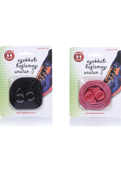 Magic Locks Yuvarlak Akıllı Ayakkabı Bağcık 2'li Set Siyah-Pembe