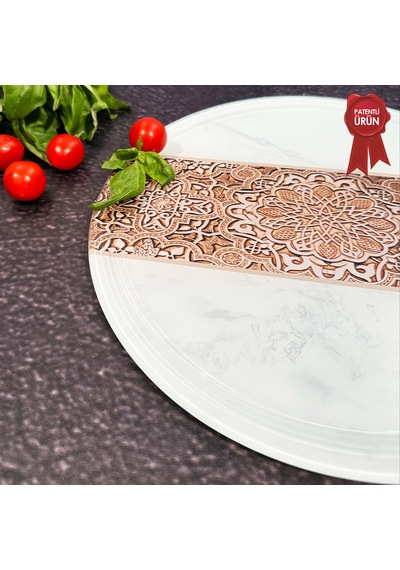Kanallı Cam Kesme Tahtası - Arabesk Tek Şerit Desen - Çap32cm