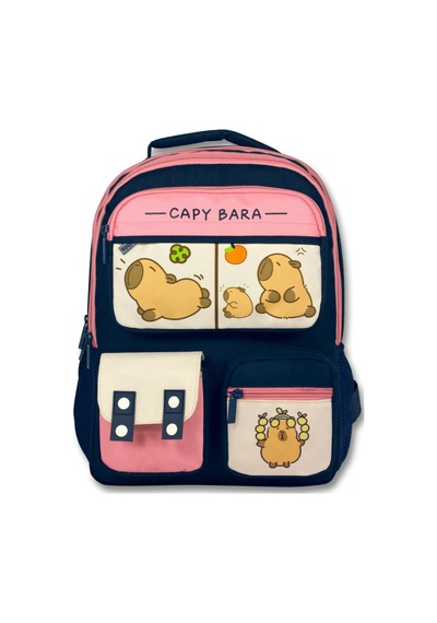 Capybara Lacivert - Pembe Kız Çocuk Çok Cepli İlkokul Okul Sırt Çantası - 6212 Çok Renkli