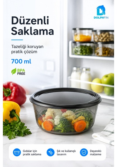 Yuvarlak Saklama Kabı 700 Ml 14,5x14,5x6 Cm Şeffaf Siyah Kapaklı Bpa İçermez