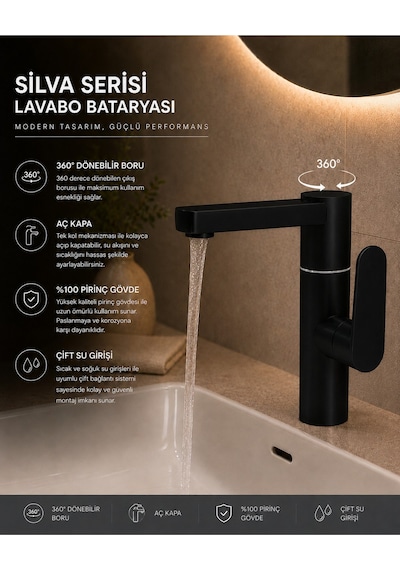Modern Silva Lavabo Bataryası Siyah 360 Derece Döner Borulu Lavabo Musluğu Çift Su Girişli Batarya