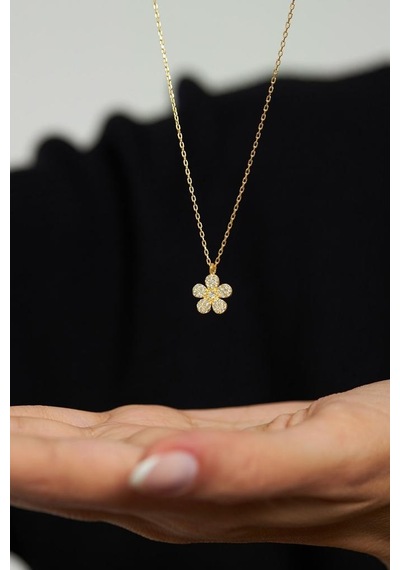 Zirkon Taşlı Gold Minimal Papatya Gümüş Kolye