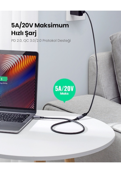 Ugreen Usb-c Erkek - Dişi Gen2 5a Örgülü Kablo 0.5 M, Siyah, 80810