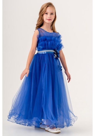 Mnk Baby & Kids Kız Çocuk Robası Katlı Özel Gün Abiye Elbise Mnk0475 Saks Mavi