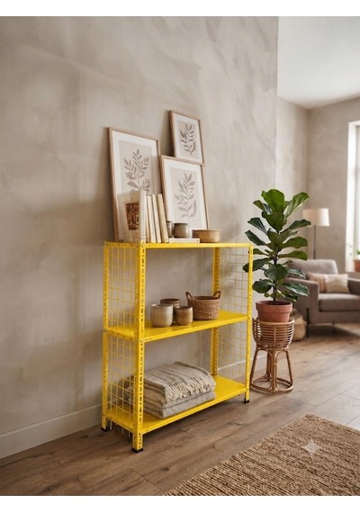 3 Katlı Renkli Tel Kafesli Dekoratif Çelik Raf - Çiçeklik Rafı, Ofis Rafı 0,70 Mm Siyah-59x93 Cm-50 Cm