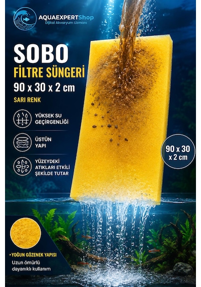 Sobo Akvaryum Filtre Süngeri 90x30x2 Cm - Üstün Temizlik Gücü Ve Yüksek Su Geçirgenliği - Sarı Renk