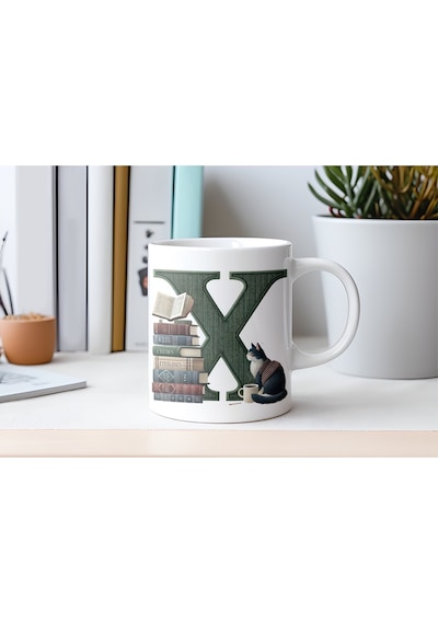 X Harf Kedi Ve Kitaplar Figürleri İle Kupa Bardak - Kitap Ve Kedi Severlere Özel - Manevi Hediye Beyaz