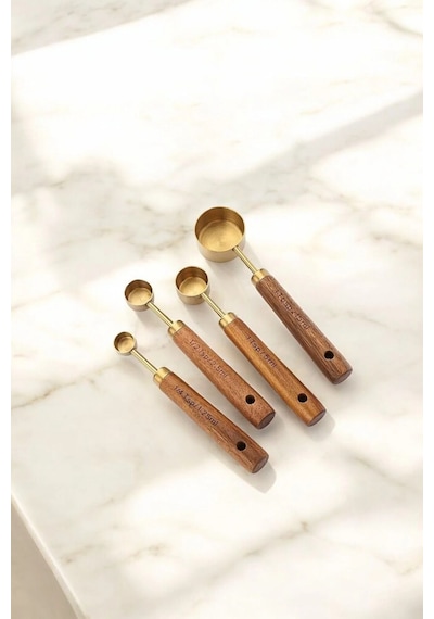 Mucit Home 4 Adet Gold Paslanmaz Çelik Ahşap Saplı Ölçü Kaşığı Seti Ölçü Kabı Küçük Gold
