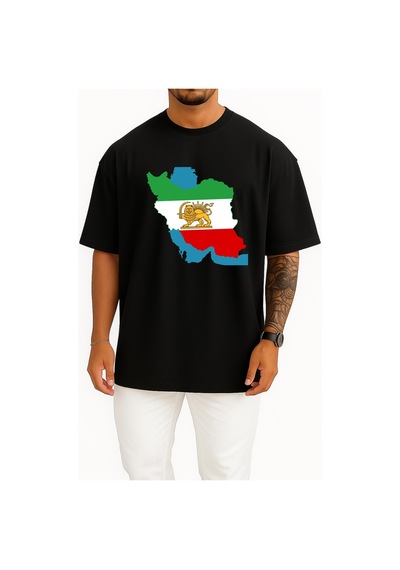 Bahriyeli Collection Oversize İran Bayraklı Harita Göğüs Baskılı Unisex T-shirt Siyah