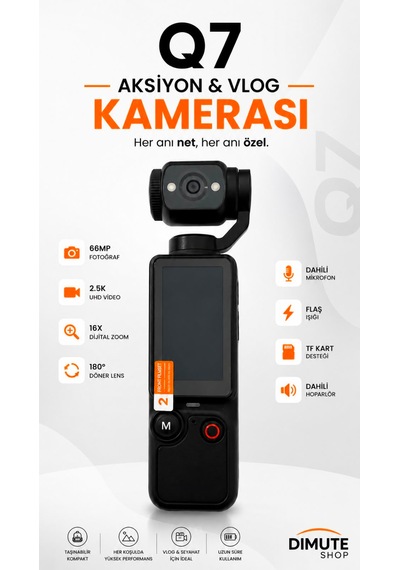 Q7 Aksiyon Ve Vlog Kamerası 2.5k Uhd 16x Zoom 180 Döner Lens Ekranlı Kamera Siyah