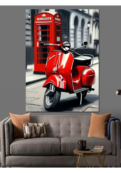 Siyah Beyaz Londra Kırmızı Telefon Kulubesi Ve Scooter Motor Dekoratif Kanvas - Mdf Ahşap Tablo