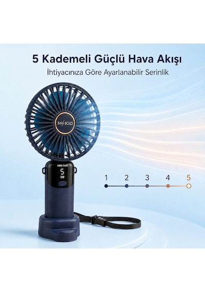 Şarjlı El Vantilatörü 5 Kademeli, Katlanabilir Dijital Ekranlı Mini El Fanı, 1200 Mah, 5 Pervaneli Güçlü Hava Akışı, Standlı Masaüstü Fan, Usb Şarjlı - Lacivert