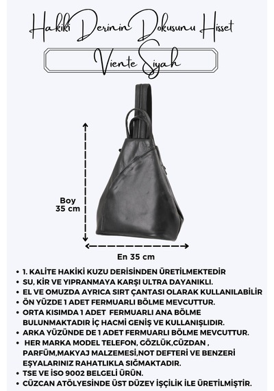 Viente Siyah Hakiki Deri Kadın El Omuz Ve Sırt Çantası Siyah