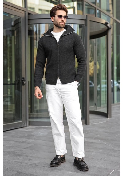 Madmext Antrasit Fermuarlı Dik Yaka Erkek Triko Hırka E7529