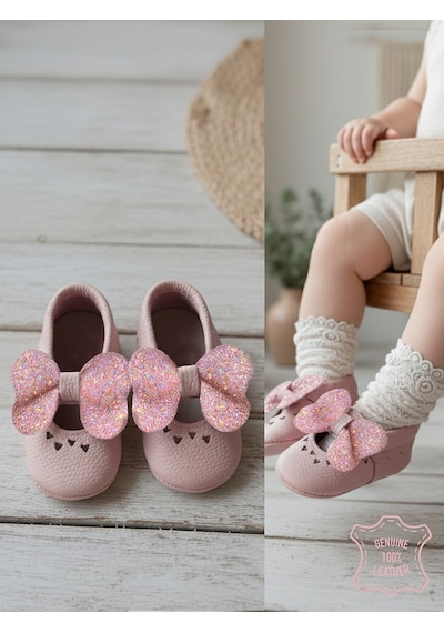 Denokids Kız Bebek Patik Hakiki Deri Taşlı Pembe Yumuşak Taban Ayakkabı 17-21 Numara Renkli