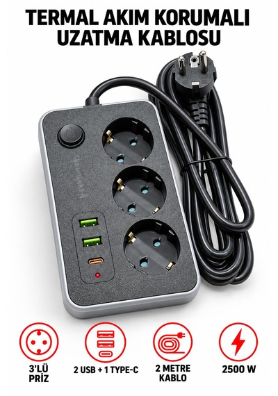 Termal Akım Korumalı Uzatma Kablosu 2 Metre Kablolu 3 Lü Priz 3 Usb Giriş 2.1 A Isıya Dayanıklı Çocuk Koruması 2500watt Ev Ofis