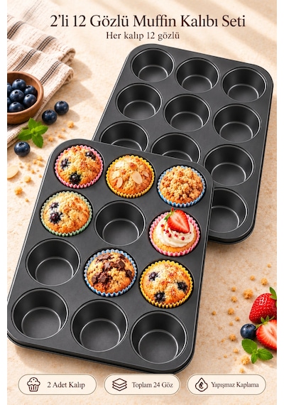 Tilbe Home 2li Muffin Kek Kalıbı Cupcake Yanmaz Yapışmaz Kurabiye Kalıbı Fırın Çörek Browni Kapsül Tepsisi Siyah