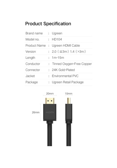 Ugreen Uhd 4K Yüksek Hızlı Ethernet ve Hdmi Kablosu 2 Metre