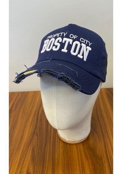 Boston Nakışlı Eskitme Vintage Model Pamuklu Cap Şapka Lacivert