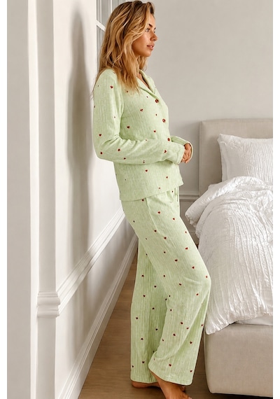 Womanandkids Night Yeşil Kadın Puantiyeli Uzun Kollu Düğmeli Pijama Takımı