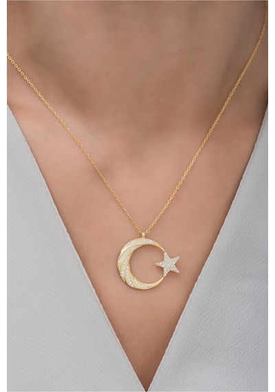 925 Ayar Gümüş Gold Zirkon Taşlı Ayyıldız Kolye