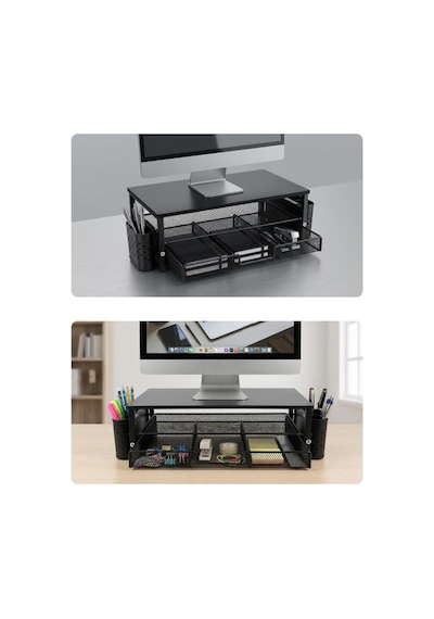 Tr Siyah Ahşap Üst Tablalı Metal Mesh Monitör Yükseltici Stand Çekmeceli Kalemlikli Masaüstü Organizer 9214