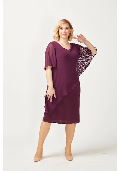 Moda Berray 4051 Mürdüm Pelerinli Payetli Esnek Kumaş Büyük Beden Elbise Mürdüm