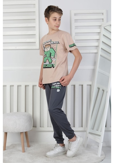 Zuzunga Explore Create Desenli Erkek Çocuk Süprem Kısa Kollu Pijama Takımı Bej