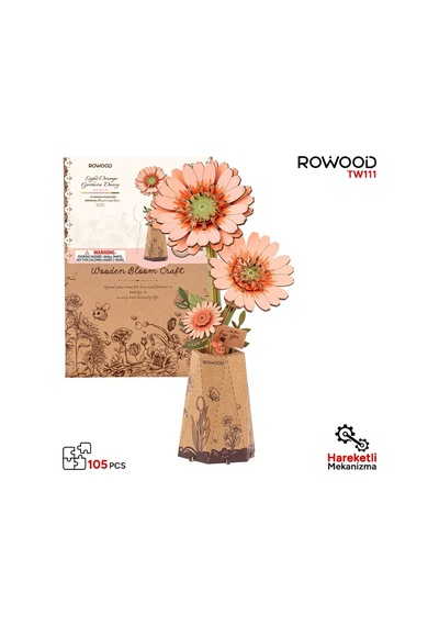 Rowood Tw111 Gerbera Çiçeği Light Orange Gerbera Dıy Minyatür Maket Model Set Ahşap 3d Wooden Puzzle 3d Model Kit Ahşap Maket Dekoratif Hobi Seti