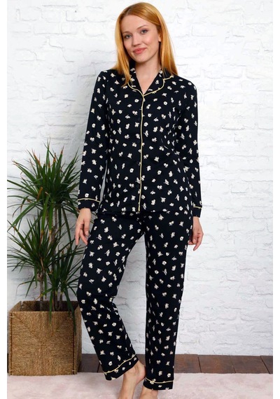 Alimer Kadın Siyah Çiçek Desen Likralı Pijama Takımı Edy2599ukl-s Siyah
