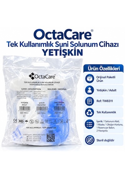 Octacare Yetişkin Tek Kullanımlık Ambu Resüsitatör Suni Solunum Cihazı Manuel Ventilasyon Seti 2 Adet