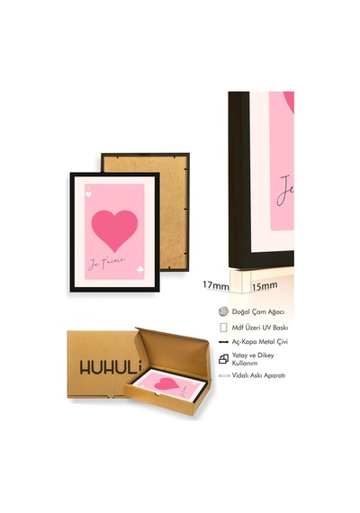 Doğal Ahşap Çerçeveli Kalp Desenli Tablo - Romantik Pembe Tonlar Huhu2670