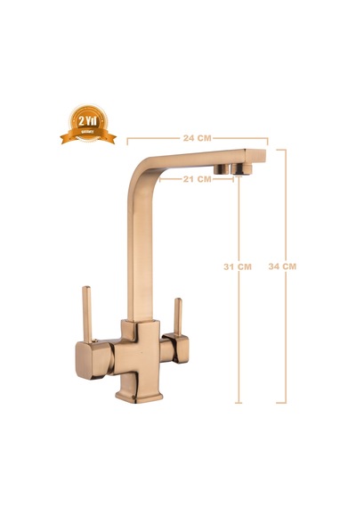 Rena Design Mat Gold Aritmali Mutfak Eviye Bataryasi 3 Yollu Kare Mutfak Musluk Prinç Garantili Altin Armatür
