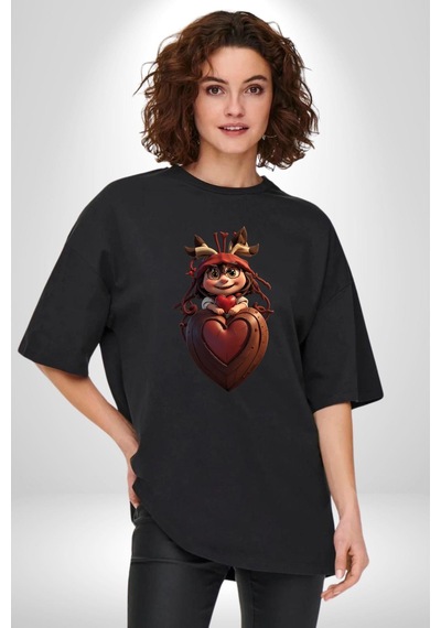 Çikolata Kız Kalbi Pamuklu Bisiklet Yaka Unisex Oversize Boyfriend Dijital Baskılı Siyah T-shirt Siyah