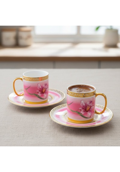 Tulip Pembe Renk Çiçek Figürlü 6 Kişilik Porselen Kahve Fincan Takımı 90 Ml. Pembe