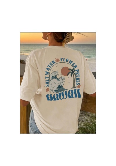 Medinenur Hawai Baskılı Basic T-shirt Beyaz
