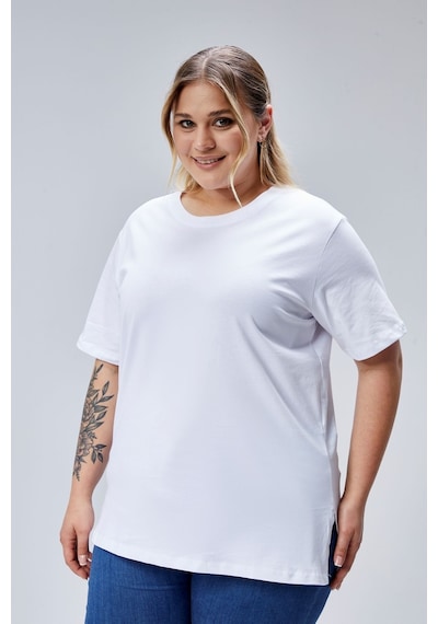 Banega Curve Büyük Beden Beyaz Boyfriend Bisiklet Yaka Yırtmaçlı Pamuk Örme T-shirt Beyaz