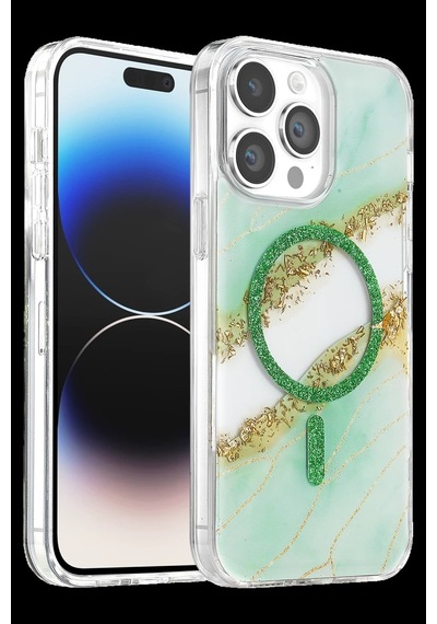 Onegif Apple iPhone Uyumlu 15 Pro Max Lotus Simli Magsafe Kapak - Yeşil Bz8683140940454