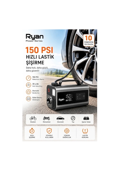 Bagajon Ryan Ry-p10 2000a Süpürgeli Akü Takviye + 150 Psı Lastik Şişirme 10'u 1 Arada Üfleme, Powerbank, Led Fener