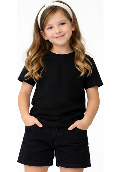 Parti Selesi Unisexs Çocuk Düz Kısa Kollu T-shirt Siyah