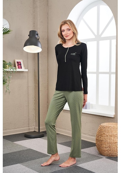 PJS 23521 Kadın Patlı Puanlı Pijama Takım Yeşil