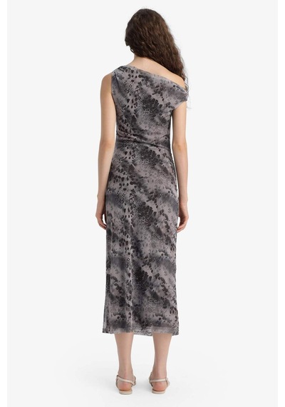 Defacto Bodycon Vücudu Saran Açık Omuz Desenli Tül Maxi Elbise F0421ax25augr169 Gri