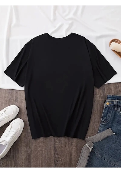 Modi Baskılı Oversize Bisiklet Yaka T-shirt - Siyah Açık Siyah